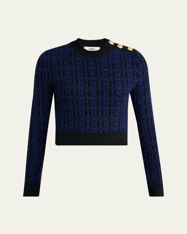 Button-Shoulder Boucle Knit Crop Sweat